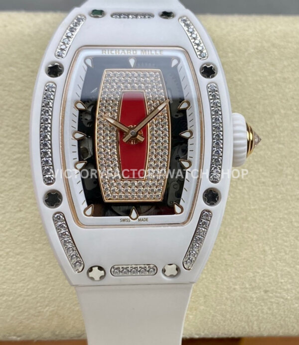 BBA Factory Richard Mille RM 07 31.4mm Diamond White Ceramic White Rubber Strap Skeletonized Red Dial (7) BBA Factory Richard Mille RM 07 diamond white ceramic white rubber strap red skeletonized dial