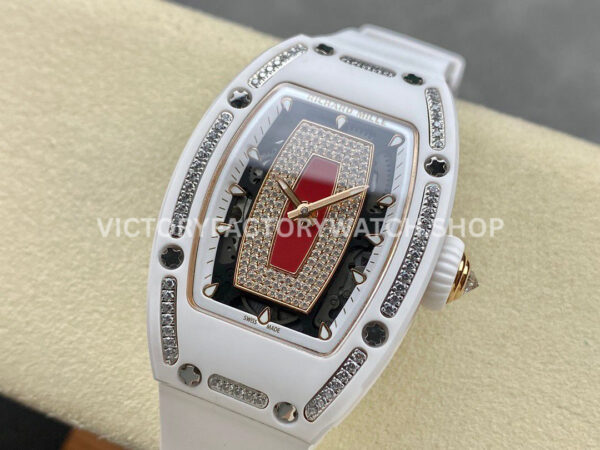BBA Factory Richard Mille RM 07 31.4mm Diamond White Ceramic White Rubber Strap Skeletonized Red Dial (8) BBA Factory Richard Mille RM 07 31.4mm Diamond White Ceramic White Rubber Strap Skeletonized Red Dial