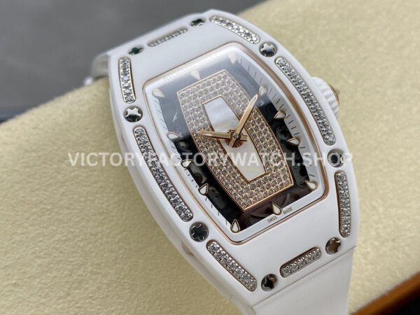 BBA Factory Richard Mille RM 07 31.4mm Diamond White Ceramic White Rubber Strap Skeletonized White Dial