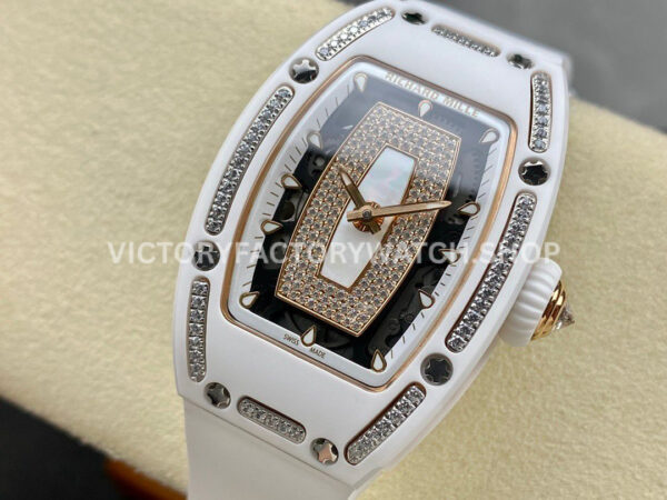 BBA Factory Richard Mille RM 07 31.4mm Diamond White Ceramic White Rubber Strap Skeletonized White Dial