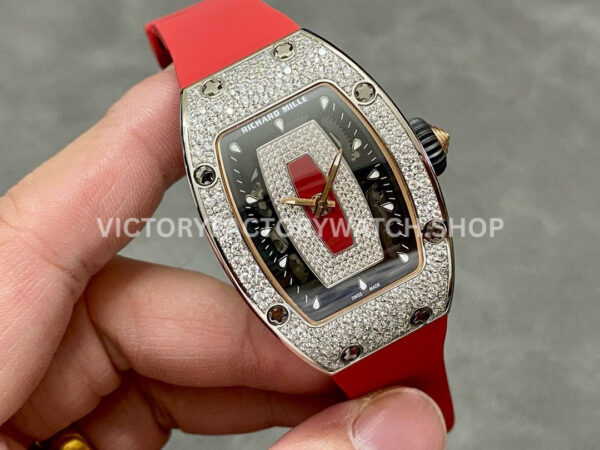BBA Factory Richard Mille RM 07 31.4mm Diamond White Gold Red Rubber Strap Skeletonized Black Dial