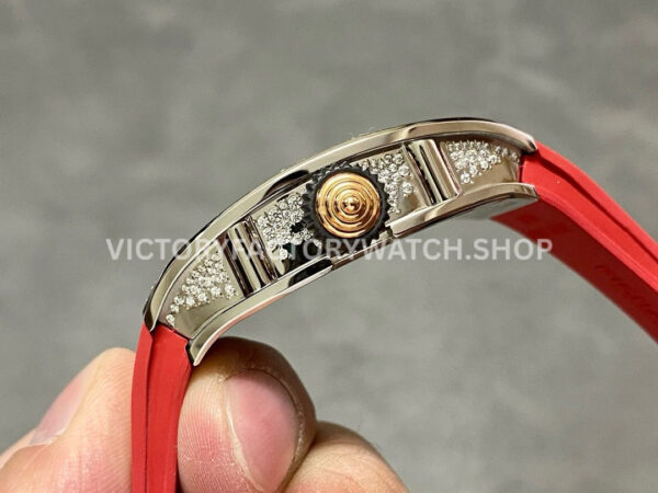 BBA Factory Richard Mille RM 07 31.4mm Diamond White Gold Red Rubber Strap Skeletonized Black Dial