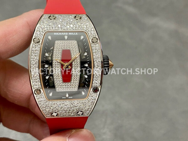 BBA Factory Richard Mille RM 07 diamond white gold black skeletonized dial red rubber strap