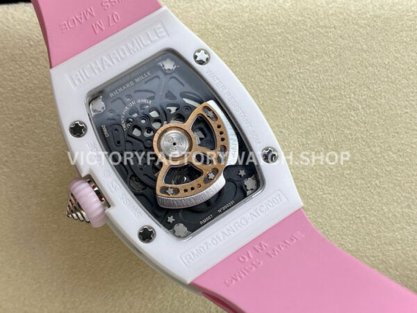 BBA Factory Richard Mille RM07 31.4mm Titanium&Carbon Fiber Pink Rubber Strap Skeletonized Pink Dia (7) BBA Factory Richard Mille RM 07 31.4mm Titanium White Ceramic Pink Rubber Strap Skeletonized Pink Dial