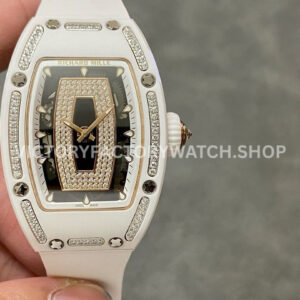 BBA Factory Richard Mille RM 07 diamond white ceramic black skeletonized dial white rubber strap