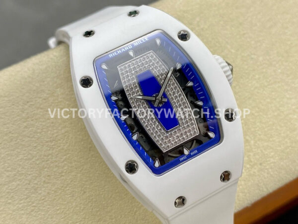 BBA Factory Richard Mille RM07 31.4mm Titanium&Carbon Fiber White Rubber Strap Skeletonized Blue D (7) BBA Factory Richard Mille RM 07 31.4mm Titanium White Ceramic White Rubber Strap Skeletonized Blue Dial