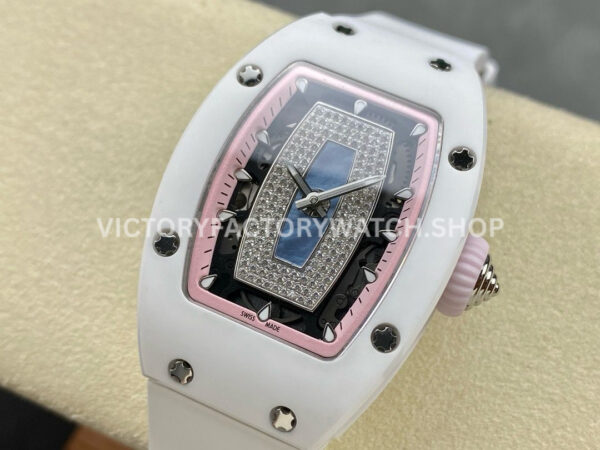 BBA Factory Richard Mille RM07 31.4mm Titanium&Carbon Fiber White Rubber Strap Skeletonized Pink D (4) BBA Factory Richard Mille RM 07 31.4mm Titanium White Ceramic White Rubber Strap Skeletonized Pink Dial