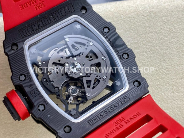BBFDD5~1 BBR Factory Richard Mille RM 35-02 44.5mm Black Carbon Fiber Red Rubber Strap Black Skeletonized Dial