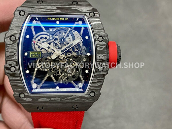 BBR Factory Richard Mille 42mm RM35-01 Black Carbon Fiber Red Canvas Strap Black Skeletonized (9) BBR Factory Richard Mille RM 35-01 black carbon fiber red canvas strap black skeletonized dial