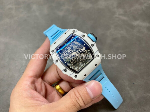 BBR Factory Richard Mille 42mm RM35-01 White Carbon Fiber Light Blue Canvas Strap White Ske (4) BBR Factory Richard Mille RM 35-01 42mm White Carbon Fiber Light Blue Rubber Strap White Skeletonized Dial