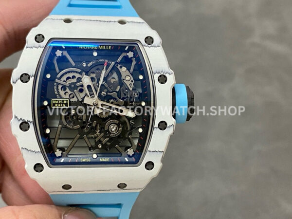 BBR Factory Richard Mille 42mm RM35-01 White Carbon Fiber Light Blue Canvas Strap White Ske BBR Factory Richard Mille RM 35-01 white carbon fiber light blue canvas strap white skeletonized dial