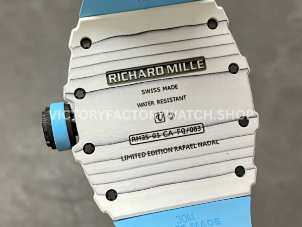 BBR Factory Richard Mille 42mm RM35-01 White Carbon Fiber Light Blue Canvas Strap White Ske (7) BBR Factory Richard Mille RM 35-01 42mm White Carbon Fiber Light Blue Rubber Strap White Skeletonized Dial