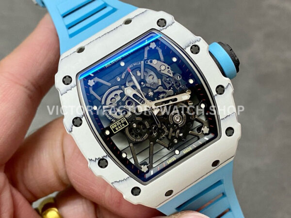 BBR Factory Richard Mille 42mm RM35-01 White Carbon Fiber Light Blue Canvas Strap White Ske (8) BBR Factory Richard Mille RM 35-01 42mm White Carbon Fiber Light Blue Rubber Strap White Skeletonized Dial