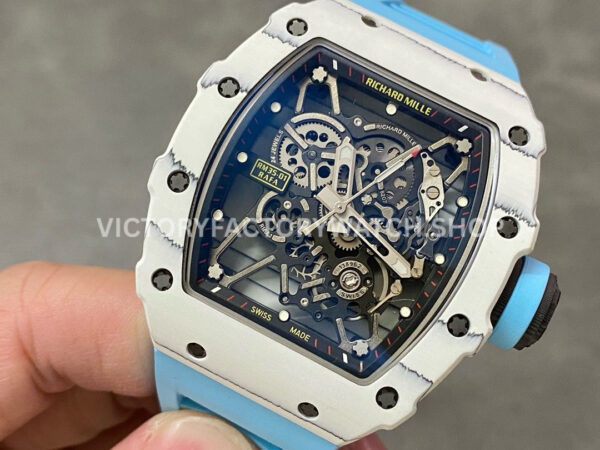 BBR Factory Richard Mille 42mm RM35-01 White Carbon Fiber Light Blue Canvas Strap White Ske (9) BBR Factory Richard Mille RM 35-01 42mm White Carbon Fiber Light Blue Rubber Strap White Skeletonized Dial