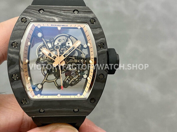 BBR Factory Richard Mille RM 055 43mm Black Carbon Fiber Black Rubber Strap Rose Gold Ske (3) BBR Factory Richard Mille RM 055 black carbon fiber black rubber strap rose gold skeletonized dial