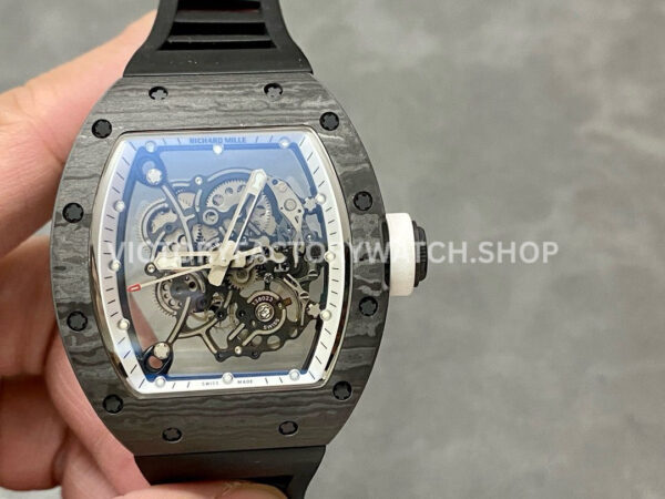 BBR Factory Richard Mille RM 055 black carbon fiber black rubber strap white skeletonized dial