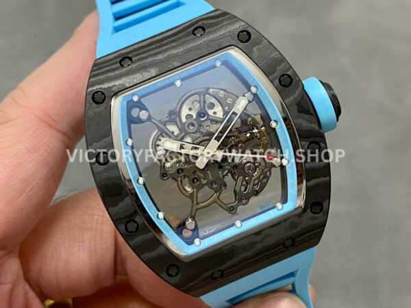 BBR Factory Richard Mille RM 055 43mm Black Carbon Fiber Light Blue Rubber Strap Li (3) BBR Factory Richard Mille RM 055 43mm Black Carbon Fiber Light Blue Rubber Strap Light Blue Skeletonized Dial