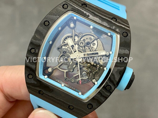 BBR Factory Richard Mille RM 055 43mm Black Carbon Fiber Light Blue Rubber Strap Li (4) BBR Factory Richard Mille RM 055 43mm Black Carbon Fiber Light Blue Rubber Strap Light Blue Skeletonized Dial
