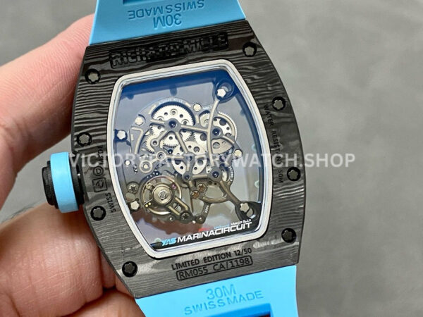 BBR Factory Richard Mille RM 055 43mm Black Carbon Fiber Light Blue Rubber Strap Li (6) BBR Factory Richard Mille RM 055 43mm Black Carbon Fiber Light Blue Rubber Strap Light Blue Skeletonized Dial