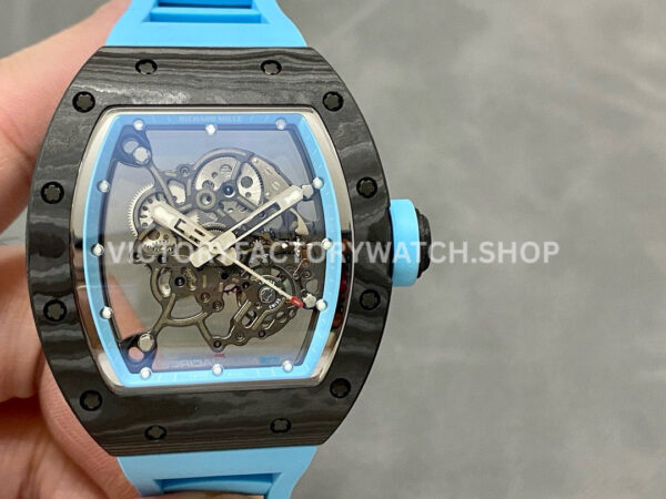 BBR Factory Richard Mille RM 055 43mm Black Carbon Fiber Light Blue Rubber Strap Li (7) BBR Factory Richard Mille RM 055 black carbon fiber light blue rubber strap light blue skeletonized dial