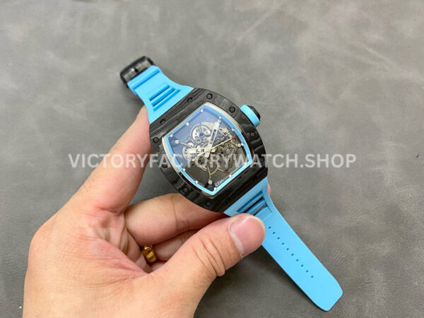 BBR Factory Richard Mille RM 055 43mm Black Carbon Fiber Light Blue Rubber Strap Li (8) BBR Factory Richard Mille RM 055 43mm Black Carbon Fiber Light Blue Rubber Strap Light Blue Skeletonized Dial