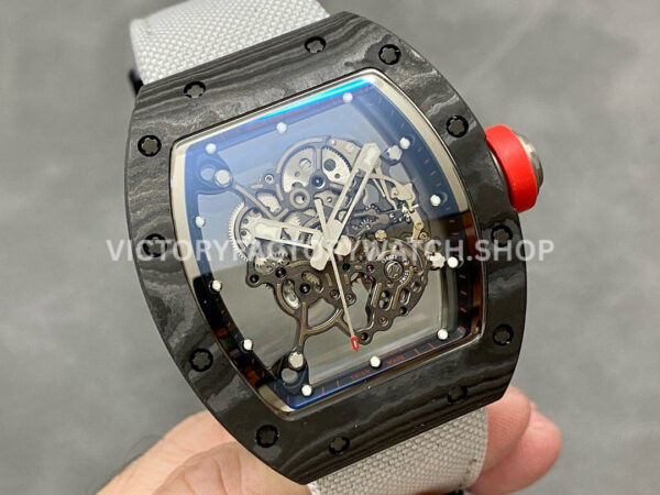 BBR Factory Richard Mille RM 055 43mm Black Carbon Fiber White Canvas Strap Silver Skeletoni (3) BBR Factory Richard Mille RM 055 43mm Black Carbon Fiber White Canvas Strap Silver Skeletonized Dial