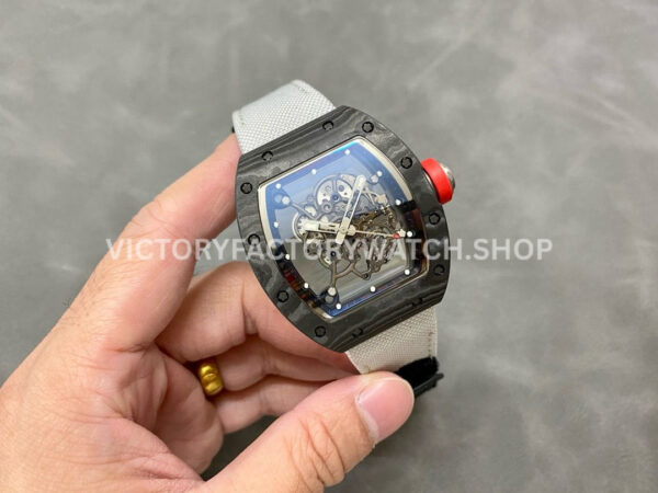BBR Factory Richard Mille RM 055 43mm Black Carbon Fiber White Canvas Strap Silver Skeletoni BBR Factory Richard Mille RM 055 43mm Black Carbon Fiber White Canvas Strap Silver Skeletonized Dial