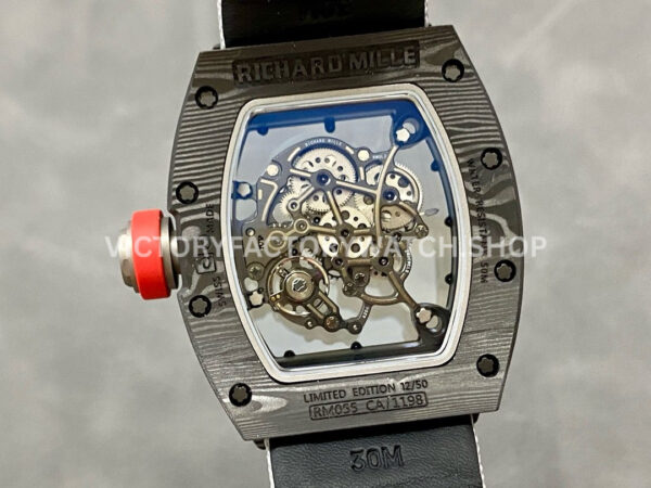 BBR Factory Richard Mille RM 055 43mm Black Carbon Fiber White Canvas Strap Silver Skeletoni (8) BBR Factory Richard Mille RM 055 43mm Black Carbon Fiber White Canvas Strap Silver Skeletonized Dial