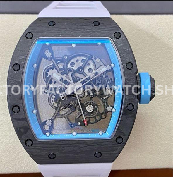 BBR Factory Richard Mille RM 055 black carbon fiber white rubber strap light blue skeletonized dial