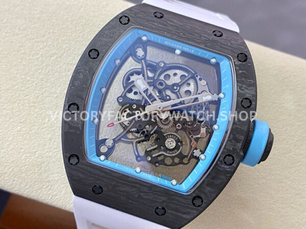 BBR Factory Richard Mille RM 055 43mm Black Carbon Fiber White Rubber Strap Light Blue Skeletonized Dial