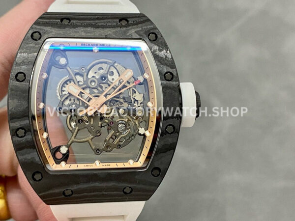 BBR Factory Richard Mille RM 055 black carbon fiber white rubber strap rose gold skeletonized dial