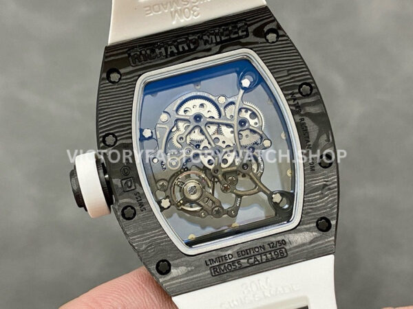 BBR Factory Richard Mille RM 055 43mm Black Carbon Fiber White Rubber Strap White Skeletonized Dial