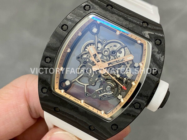 BBR Factory Richard Mille RM 055 43mm Black Carbon Fiber White Rubber Strap Rose Gold Skeletonized Dial