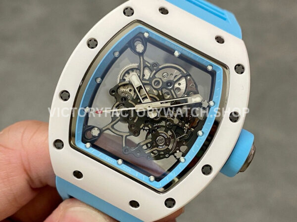 BBR Factory Richard Mille RM 055 43mm White Ceramics Light Blue Rubber Strap Light Blue Skeletonized Dial