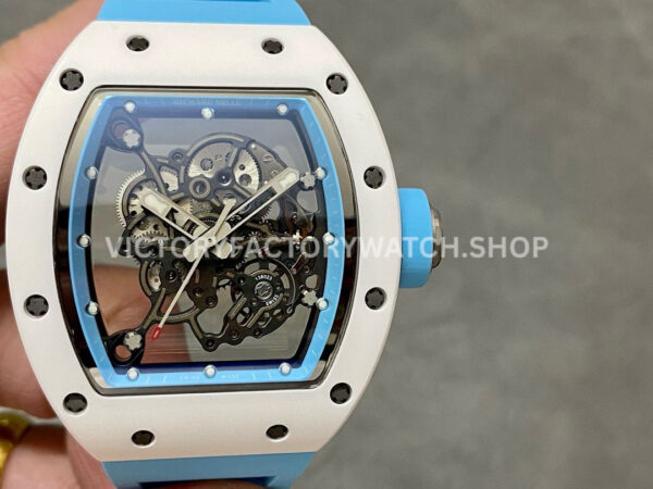 BBR Factory Richard Mille RM 055 white ceramic light blue rubber strap light blue skeletonized dial