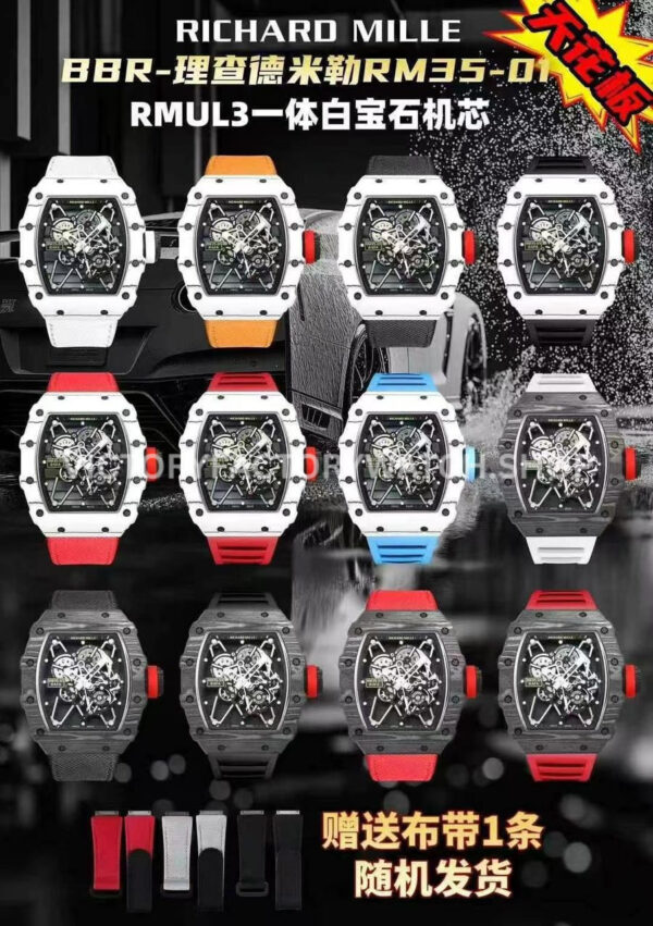 BBR Factory Richard Mille RM 35-01 BBR Factory Richard Mille RM 35-01 42mm Black Carbon Fiber Red Canvas Strap Black Skeletonized