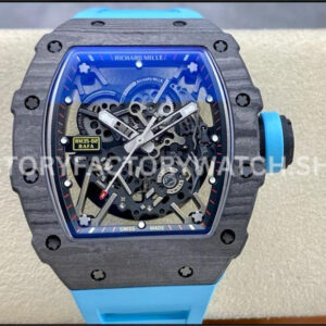 BBR Factory Richard Mille RM 35-02 44.5mm Black Carbon Fiber Light Blue Rubber Strap Bl (4) BBR Factory Richard Mille RM 35-02 black carbon fiber light blue rubber strap black skeletonized dial