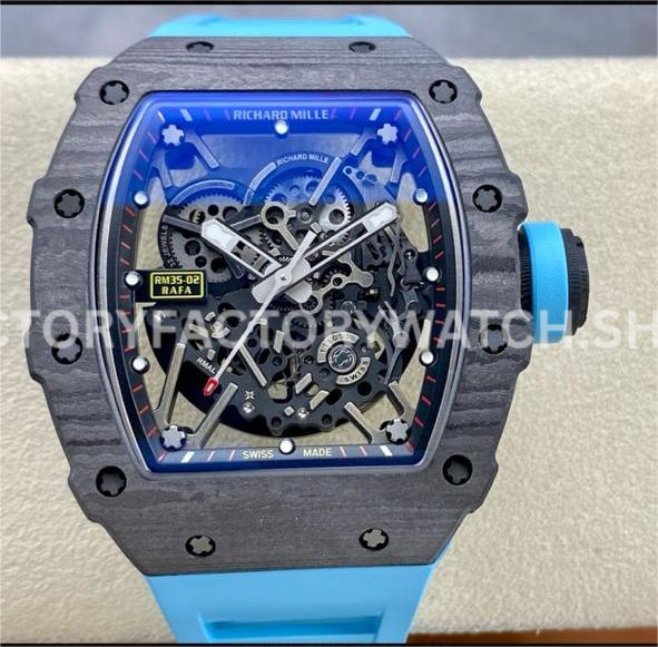 BBR Factory Richard Mille RM 35-02 44.5mm Black Carbon Fiber Light Blue Rubber Strap Bl (4) BBR Factory Richard Mille RM 35-02 black carbon fiber light blue rubber strap black skeletonized dial