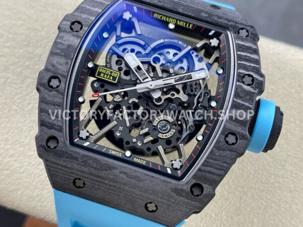 BBR Factory Richard Mille RM 35-02 44.5mm Black Carbon Fiber Light Blue Rubber Strap Bl (5) BBR Factory Richard Mille RM 35-02 44.5mm Black Carbon Fiber Light Blue Rubber Strap Black Skeletonized Dial