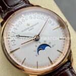 GR Factory Vacheron Constantin Moonphase Retrograde Da GR Factory Vacheron Constantin Moonphase Retrograde Date Overseas 41mm Rose Gold Leather Strap White Dial