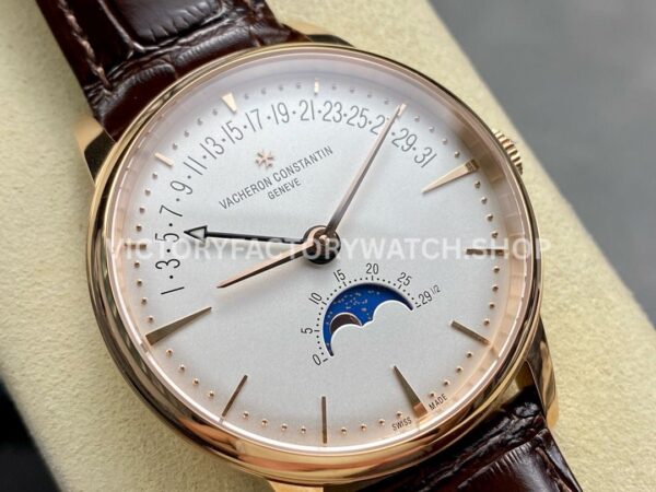 GR Factory Vacheron Constantin Moonphase Retrograde Da GR Factory Vacheron Constantin Moonphase Retrograde Date Overseas 41mm Rose Gold Leather Strap White Dial