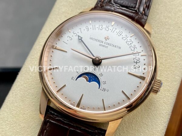 GR Factory Vacheron Constantin Moonphase Retrograde Da (3) GR Factory Vacheron Constantin Moonphase Retrograde Date Overseas 41mm Rose Gold Leather Strap White Dial