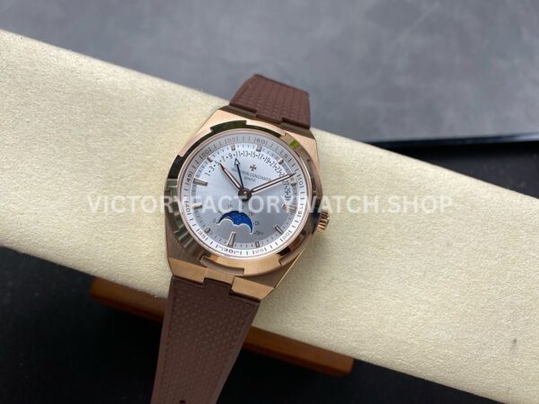 GR Factory Vacheron Constantin Moonphase Retrograde Da (3) GR Factory Vacheron Constantin Moonphase Retrograde Date Overseas 41mm Rose Gold Brown Rubber Strap Silver Dial