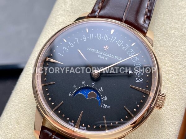 GR Factory Vacheron Constantin Moonphase Retrograde Date Overseas 41mm Rose Gold Leather Strap Black Dial