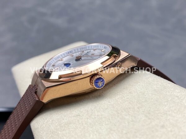 GR Factory Vacheron Constantin Moonphase Retrograde Da (5) GR Factory Vacheron Constantin Moonphase Retrograde Date Overseas 41mm Rose Gold Brown Rubber Strap Silver Dial