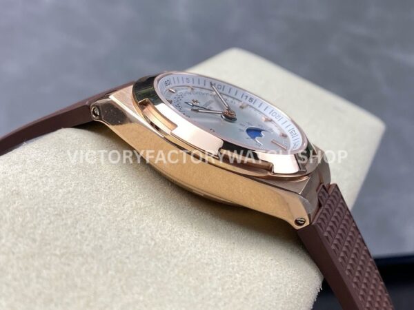 GR Factory Vacheron Constantin Moonphase Retrograde Da (6) GR Factory Vacheron Constantin Moonphase Retrograde Date Overseas 41mm Rose Gold Brown Rubber Strap Silver Dial