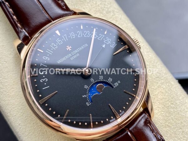 GR Factory Vacheron Constantin Moonphase Retrograde Date Overseas 41mm Rose Gold Leather Strap Black Dial