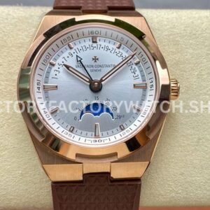 GR Factory Vacheron Constantin Moonphase Retrograde Da (7) GR Factory Vacheron Constantin Overseas moonphase retrograde date 41mm rose gold brown rubber strap silver dial replica watch