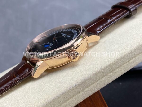 GR Factory Vacheron Constantin Moonphase Retrograde Date Overseas 41mm Rose Gold Leather Strap Black Dial
