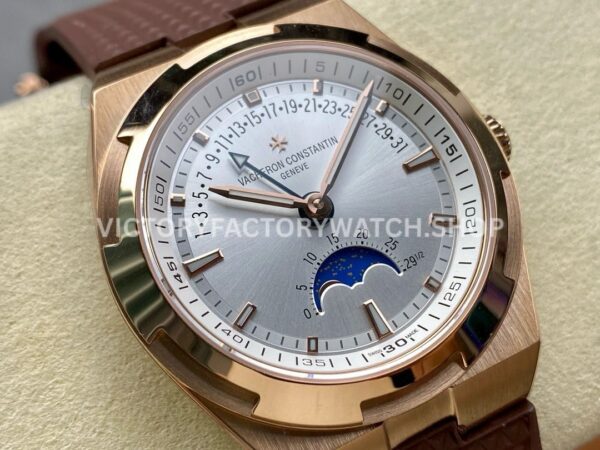 GR Factory Vacheron Constantin Moonphase Retrograde Da (8) GR Factory Vacheron Constantin Moonphase Retrograde Date Overseas 41mm Rose Gold Brown Rubber Strap Silver Dial